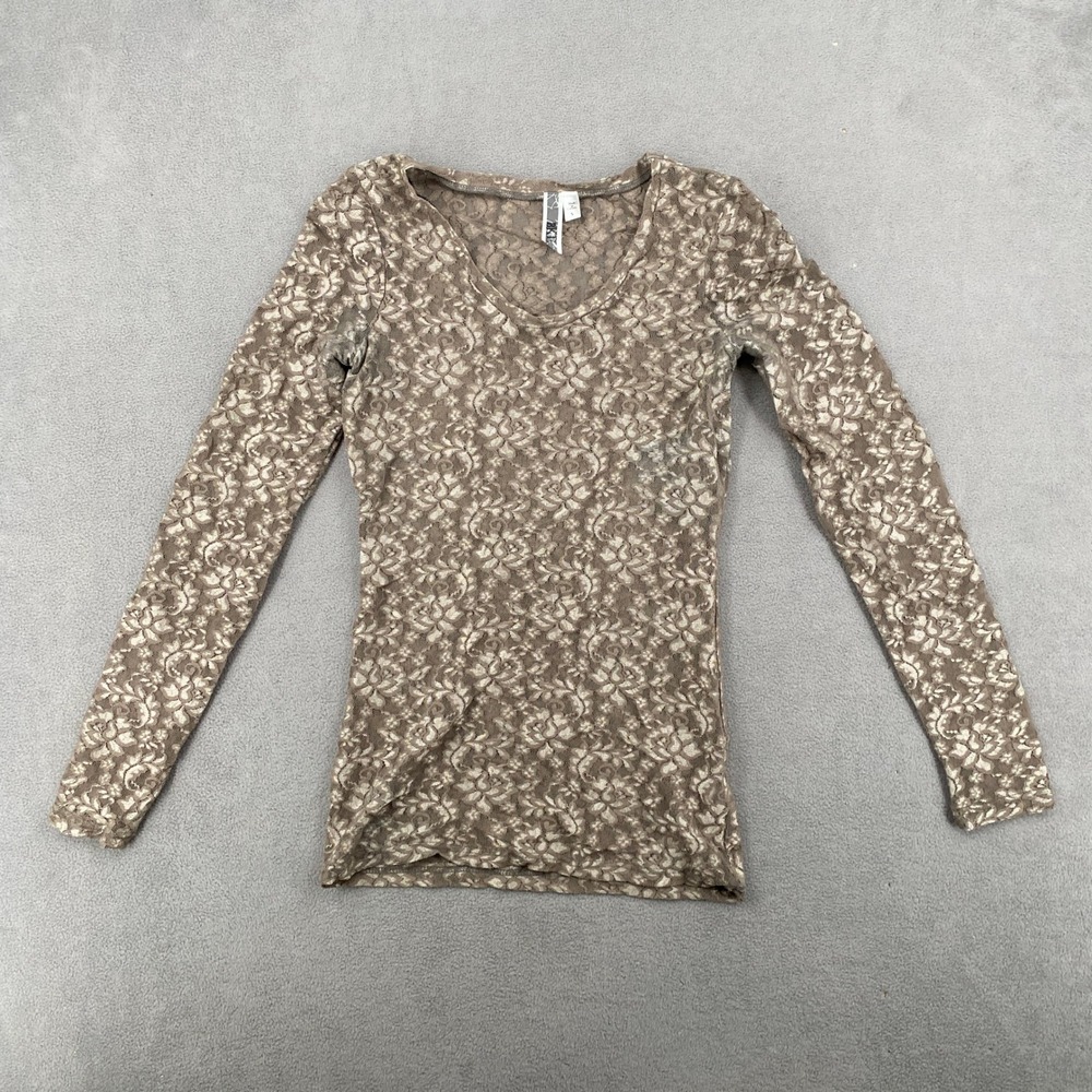 BKE Womens Floral Mesh Lace V-Neck Long Sleeve Top Taupe Brown UP449TB Small